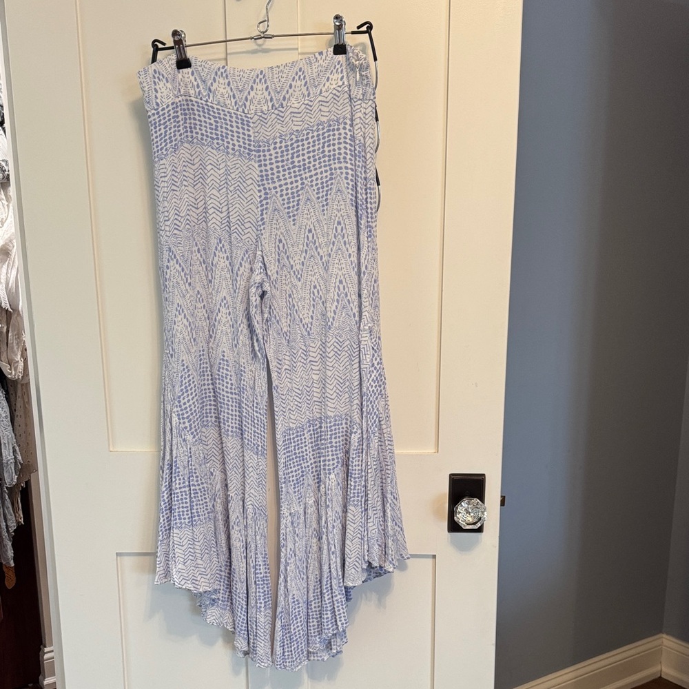 Blue and White Patterned Flared Pants